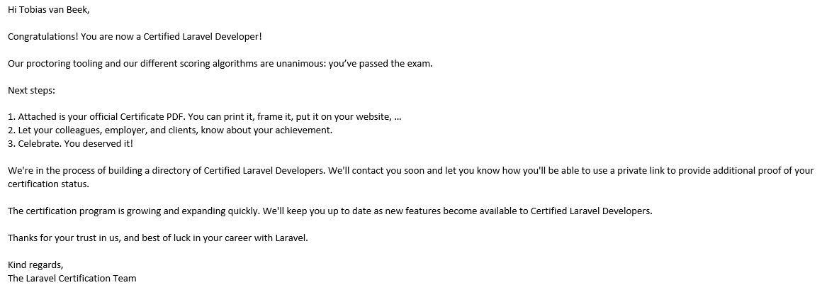 Mail about Laravel certification